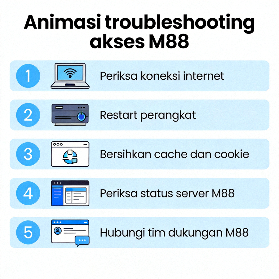 Animasi troubleshooting akses M88 - ilustrasi langkah-langkah mengatasi kendala koneksi